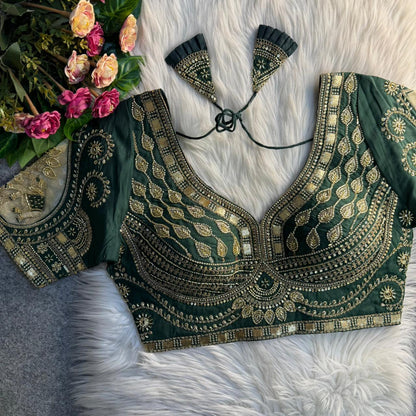 Readymade Pure Soft Roman Silk Heavy Beads Elephant Patch Work Bridal Blouse 