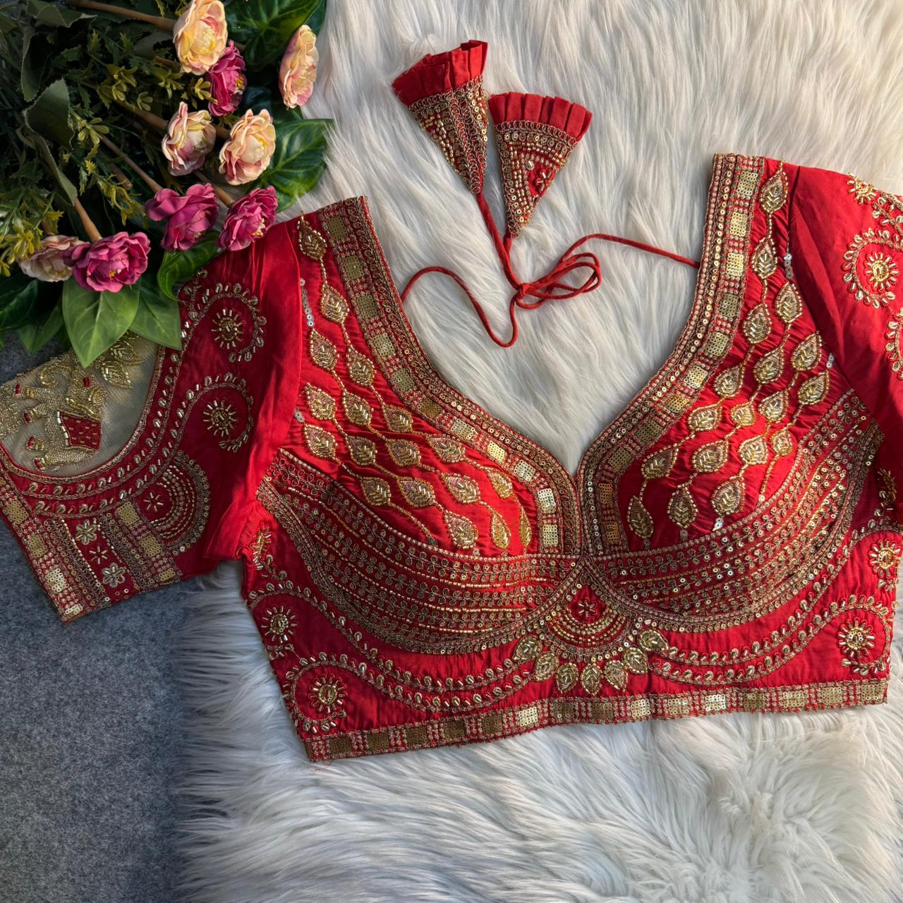 Readymade Pure Soft Roman Silk Heavy Beads Elephant Patch Work Bridal Blouse 