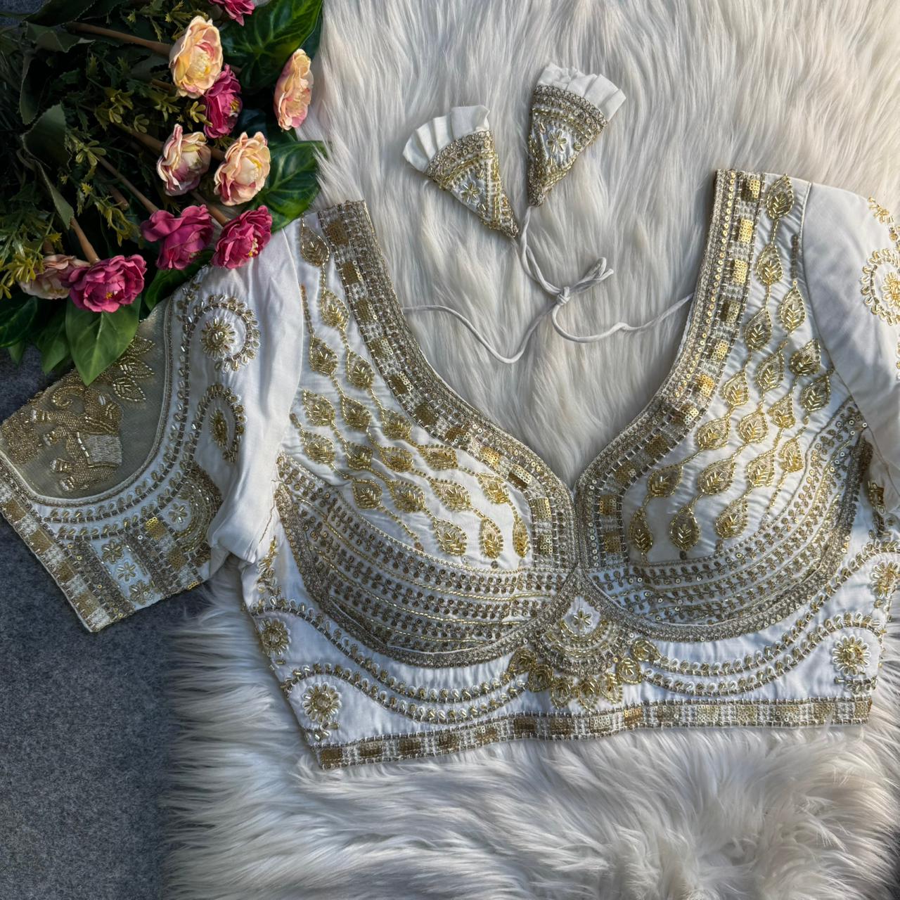 Readymade Pure Soft Roman Silk Heavy Beads Elephant Patch Work Bridal Blouse 