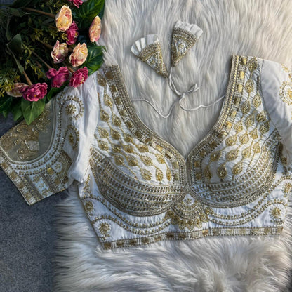 Readymade Pure Soft Roman Silk Heavy Beads Elephant Patch Work Bridal Blouse 