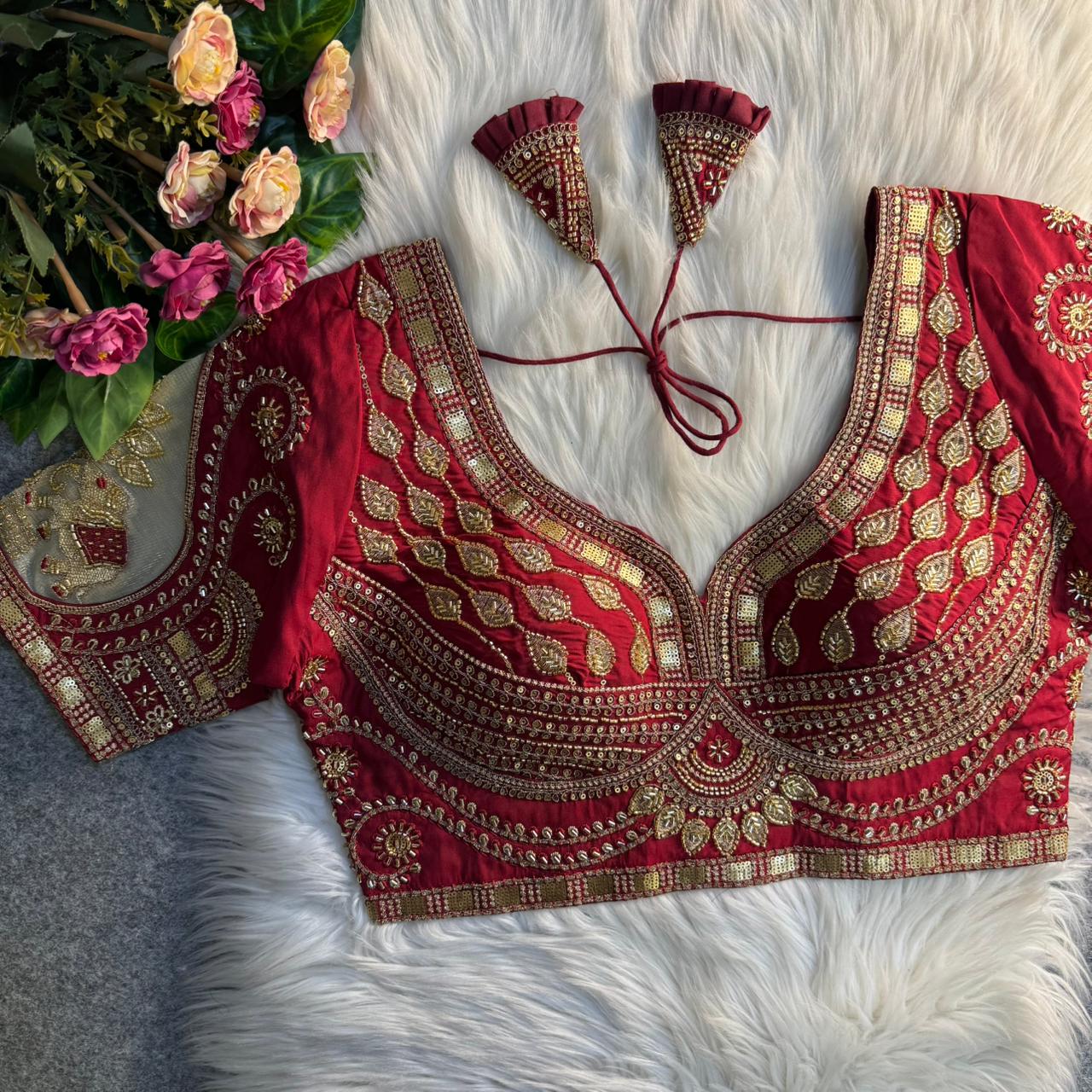 Readymade Pure Soft Roman Silk Heavy Beads Elephant Patch Work Bridal Blouse 