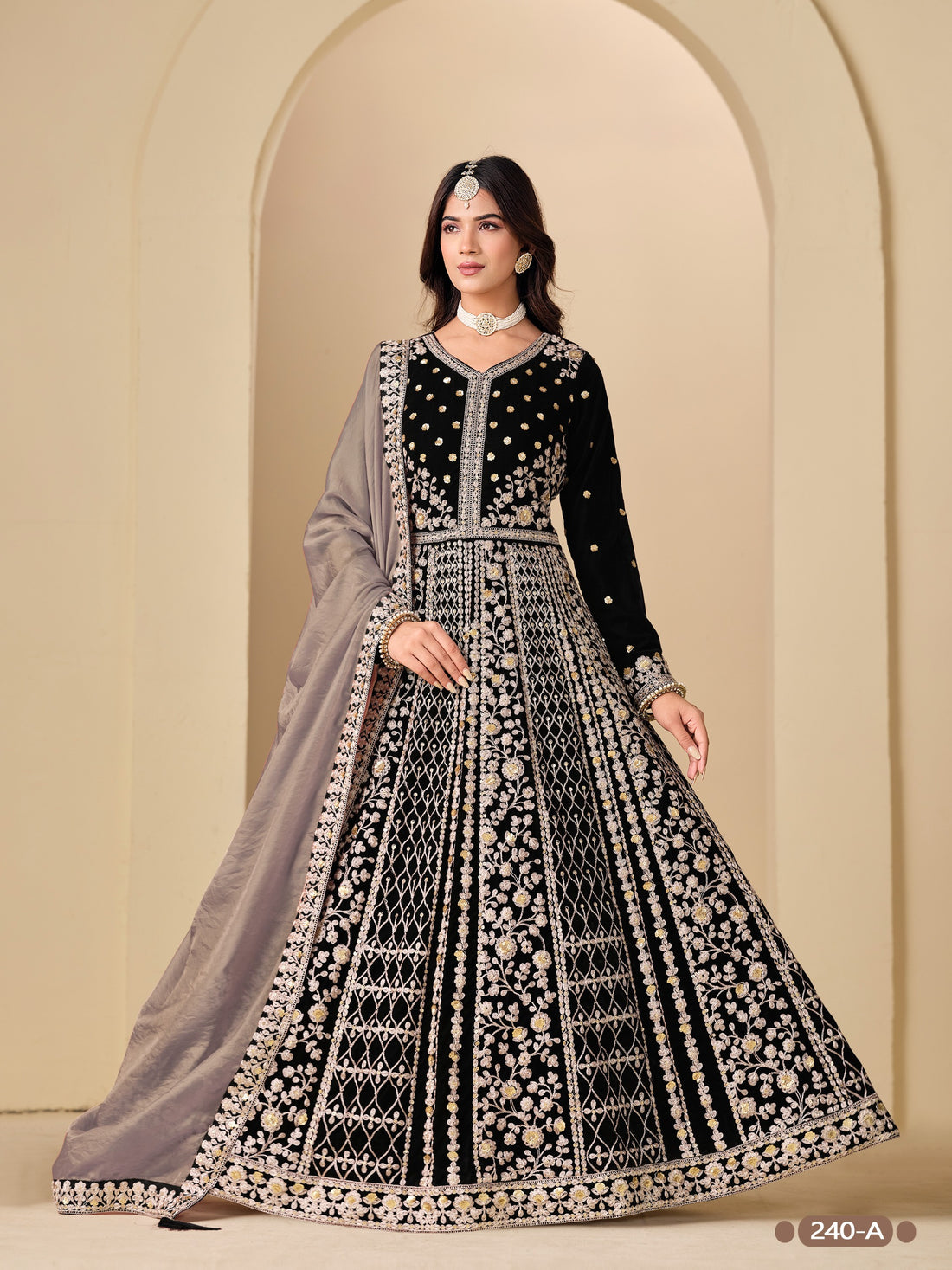 Black Pure Soft 9000 Velvet Heavy Embroidery Work Long Anarkali Gown 