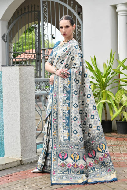 Rama Blue Pure Soft Banarasi Silk Patola Zari Woven Saree 