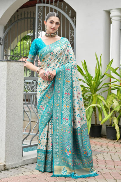 Sea Green Pure Soft Banarasi Silk Patola Zari Woven Saree 