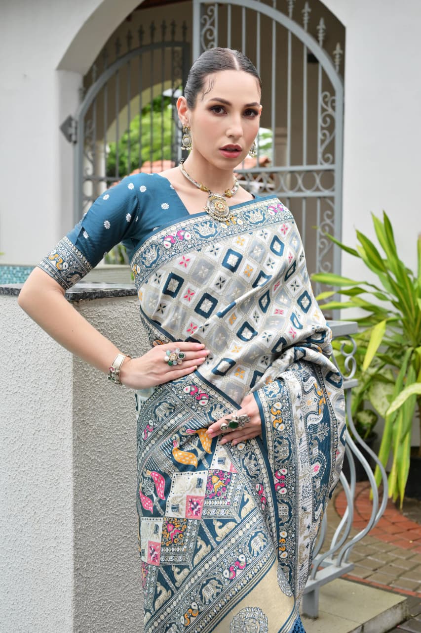 Rama Blue Pure Soft Banarasi Silk Patola Zari Woven Saree 