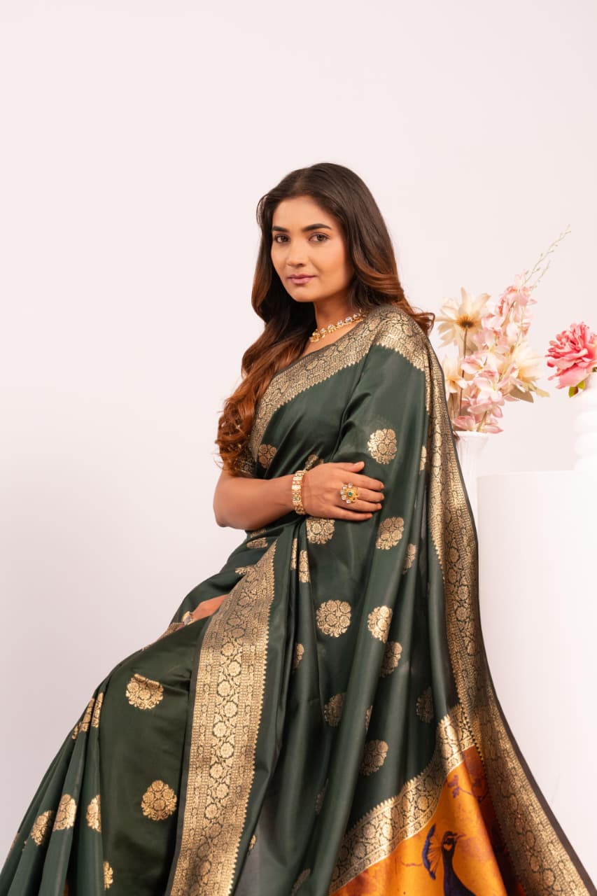 Dark Green Pure Soft Banarasi Silk Zari Woven Saree 
