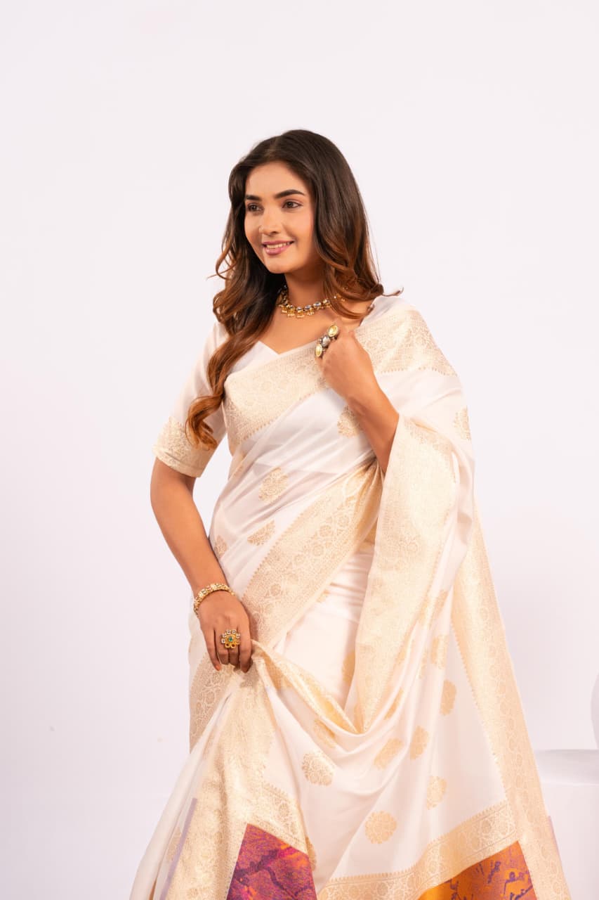 White Pure Soft Banarasi Silk Zari Woven Saree ##color## Banarasi Saree with premium fabric and embroidery