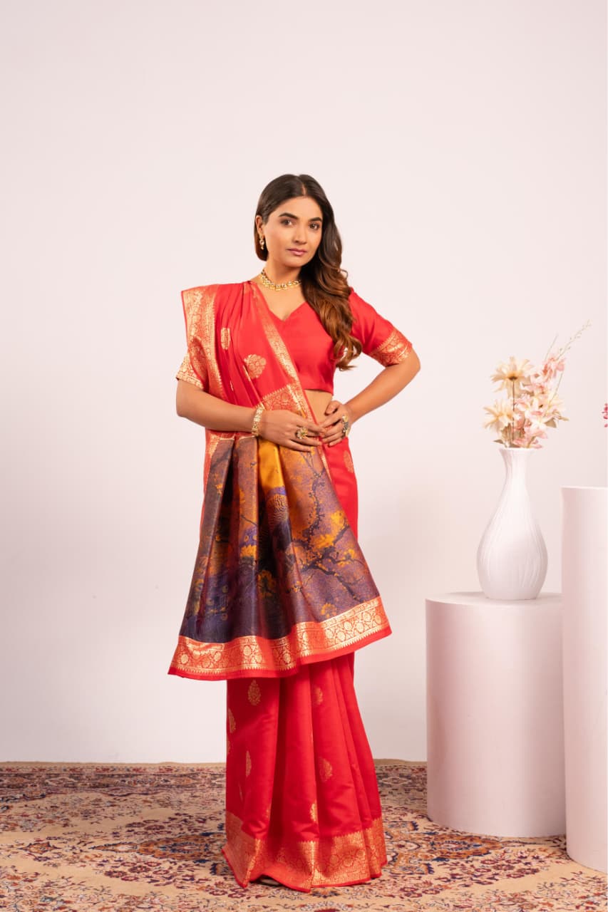 Red Pure Soft Banarasi Silk Zari Woven Saree 