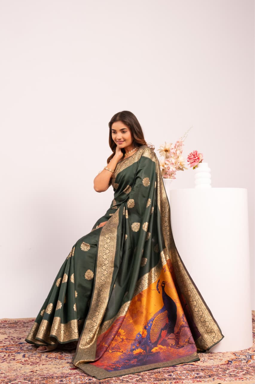 Dark Green Pure Soft Banarasi Silk Zari Woven Saree 