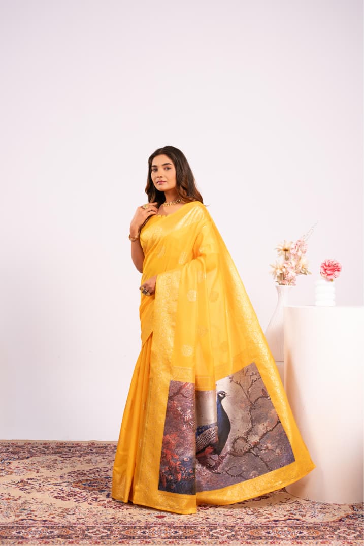 Yellow Pure Soft Banarasi Silk Zari Woven Saree ##color## Banarasi Saree with premium fabric and embroidery