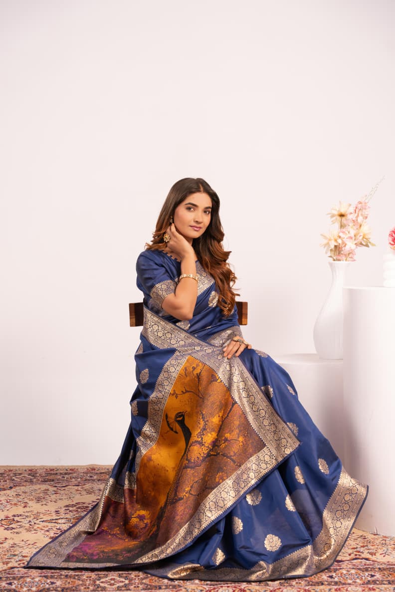 Navy Blue Pure Soft Banarasi Silk Zari Woven Saree ##color## Banarasi Saree with premium fabric and embroidery