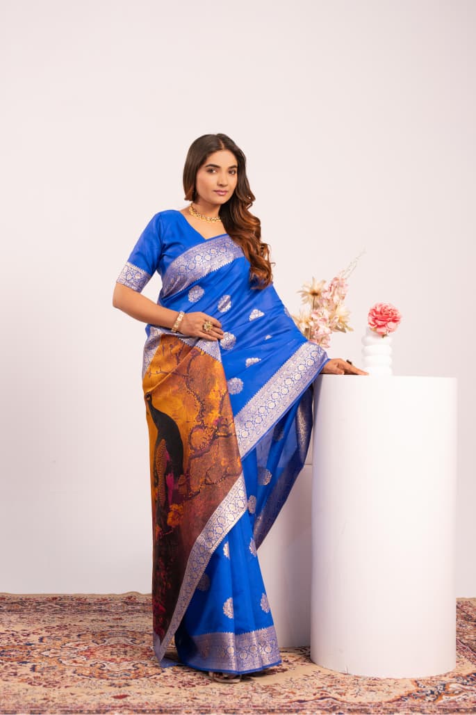 Blue Pure Soft Banarasi Silk Zari Woven Saree ##color## Banarasi Saree with premium fabric and embroidery