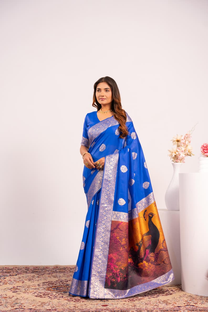 Blue Pure Soft Banarasi Silk Zari Woven Saree 