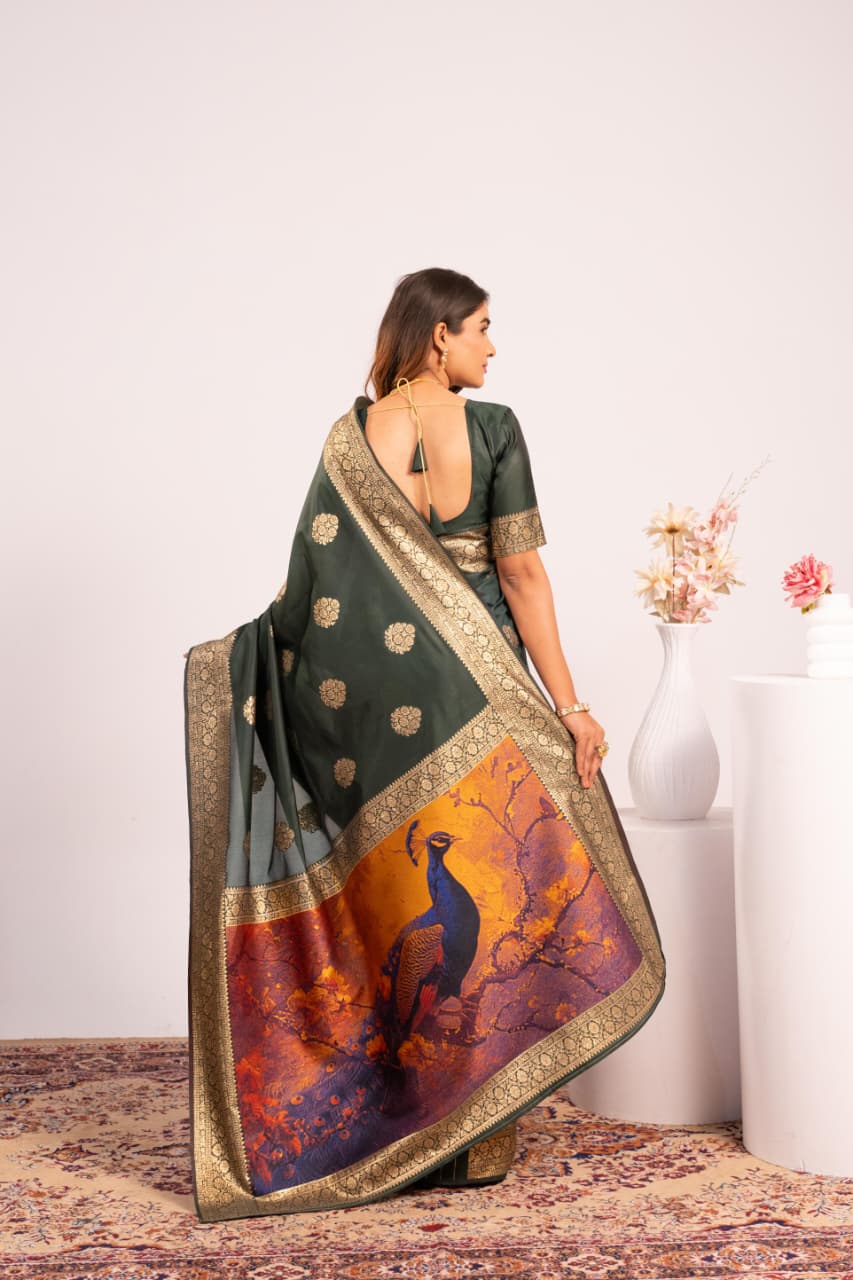 Dark Green Pure Soft Banarasi Silk Zari Woven Saree 