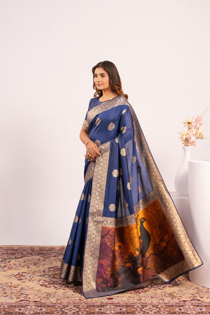 Navy Blue Pure Soft Banarasi Silk Zari Woven Saree 