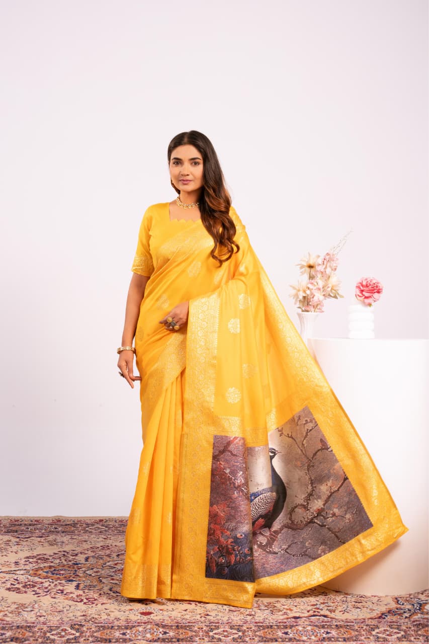 Yellow Pure Soft Banarasi Silk Zari Woven Saree 