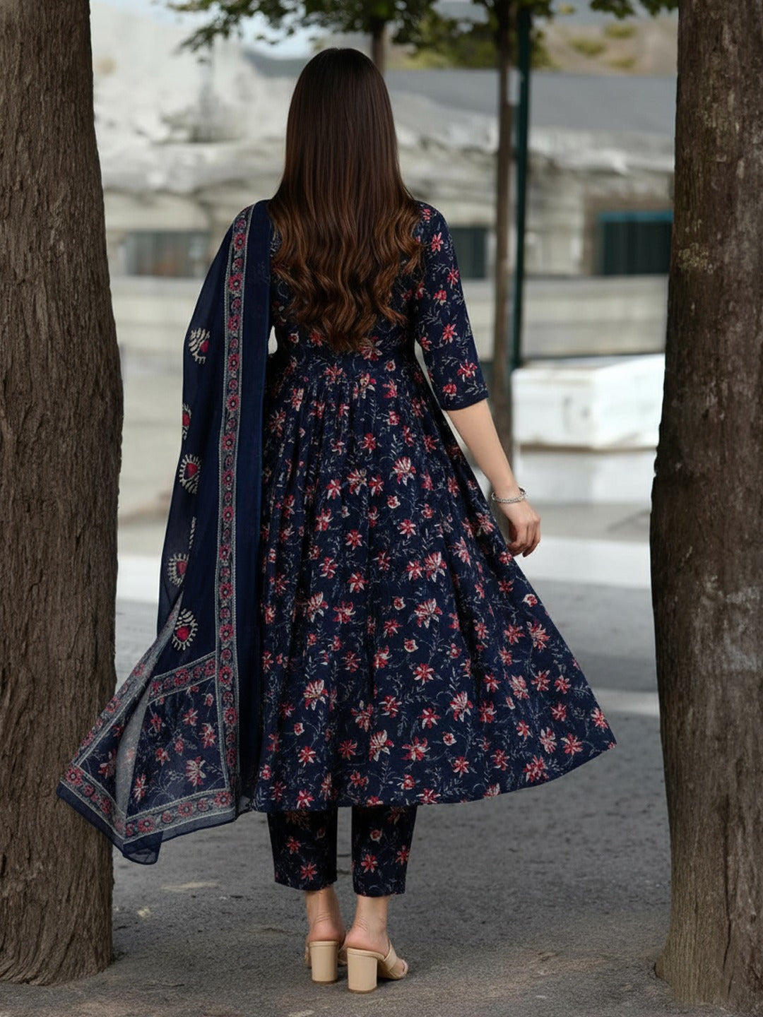 Navy Blue Pure Soft Rayon Print Kurti Pant Dupatta Salwar Suit