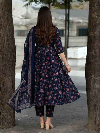 Navy Blue Pure Soft Rayon Print Kurti Pant Dupatta Salwar Suit