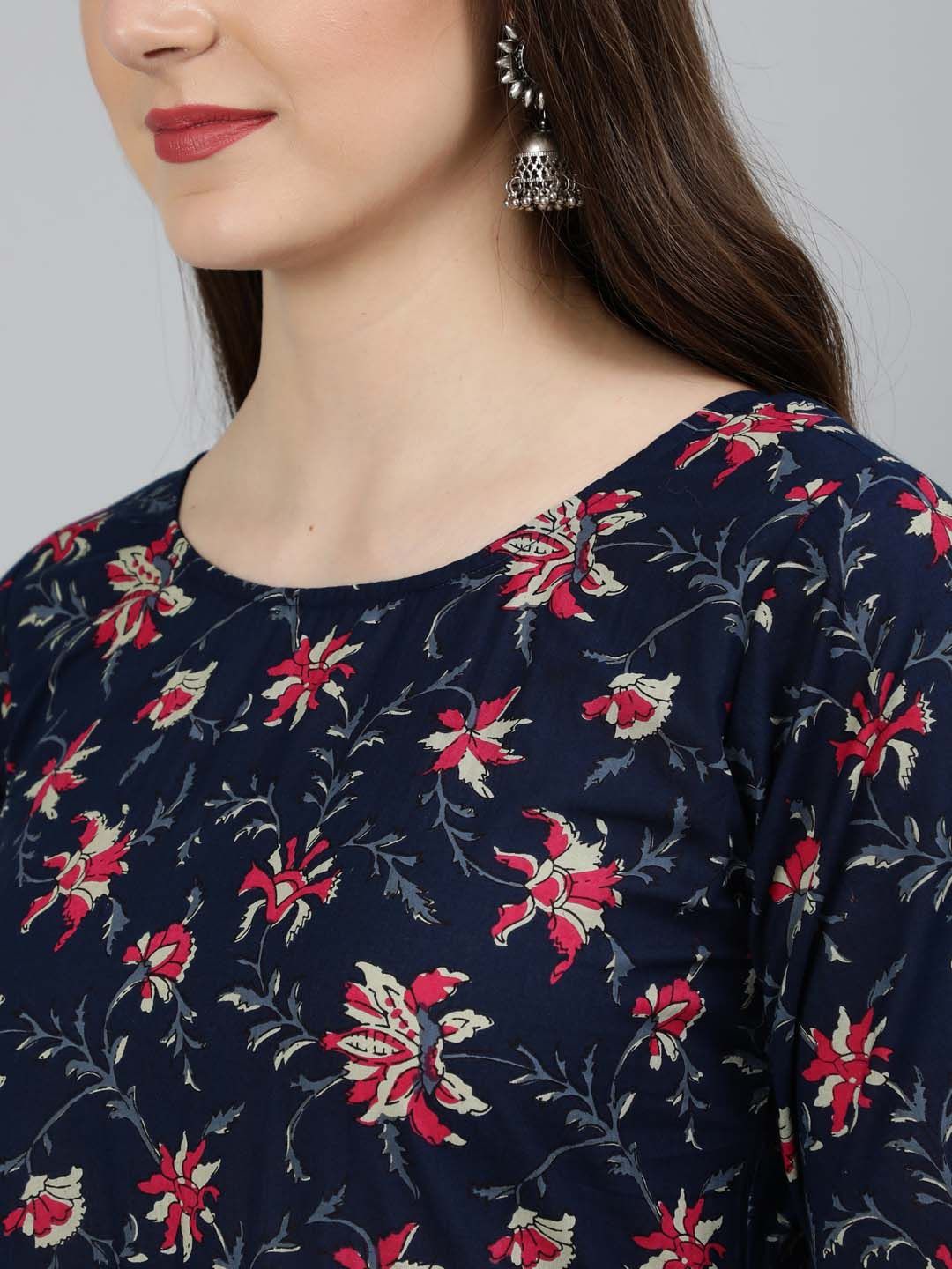 Navy Blue Pure Soft Rayon Print Kurti Pant Dupatta Salwar Suit