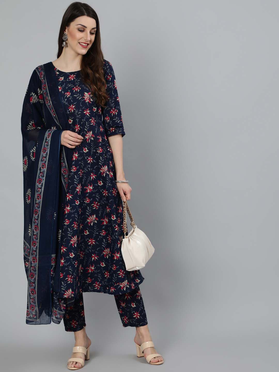 Navy Blue Pure Soft Rayon Print Kurti Pant Dupatta Salwar Suit