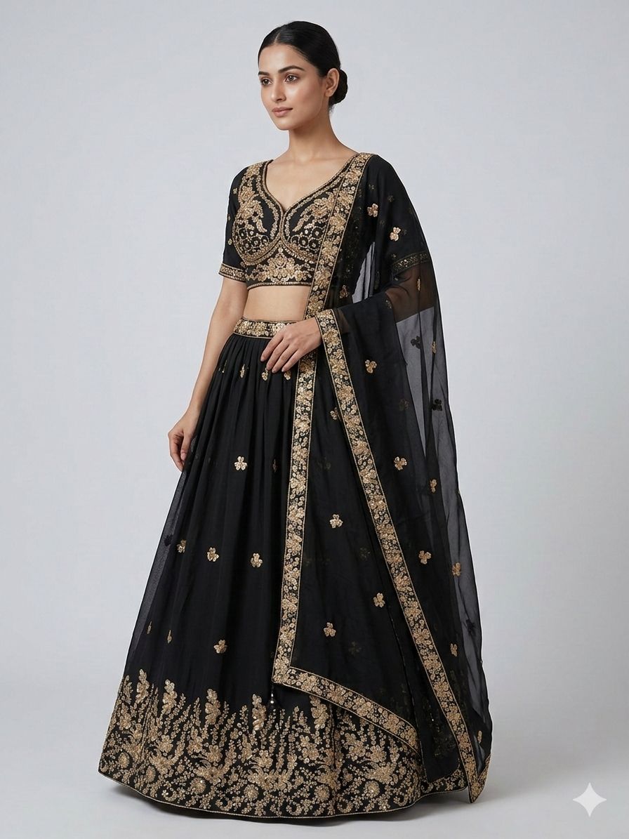 Black Pure Soft Rangoli Silk Sabyasachi Style Heavy Beads Work Lehenga Choli ##color## Bridal Lehenga with premium fabric and embroidery