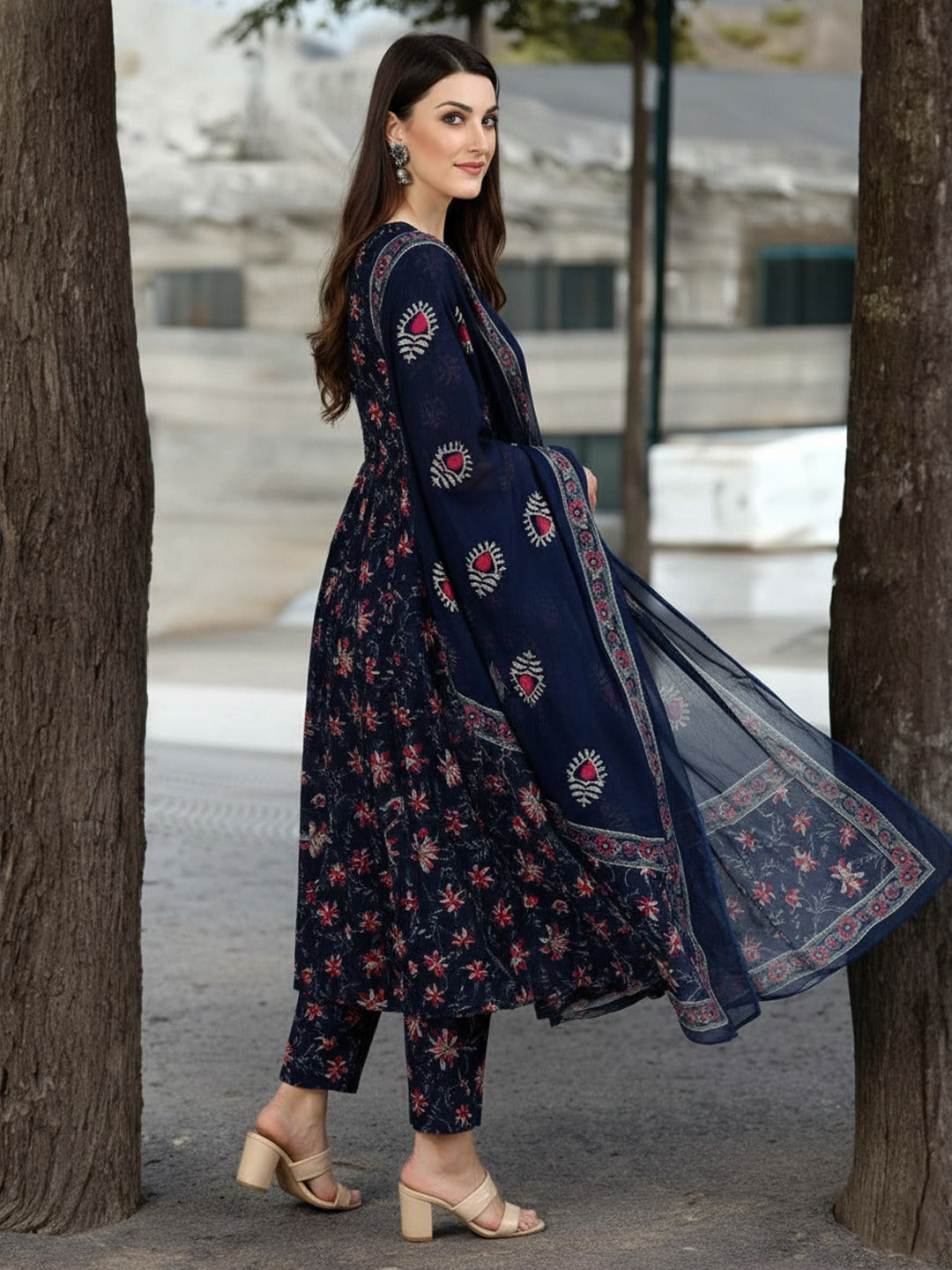 Navy Blue Pure Soft Rayon Print Kurti Pant Dupatta Salwar Suit