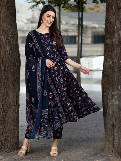 Navy Blue Pure Soft Rayon Print Kurti Pant Dupatta Salwar Suit