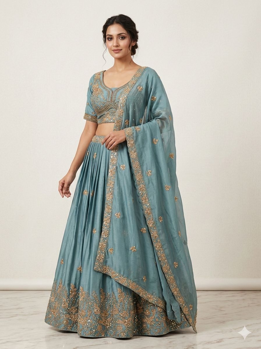 Sky Pure Soft Rangoli Silk Sabyasachi Style Heavy Beads Work Lehenga Choli 