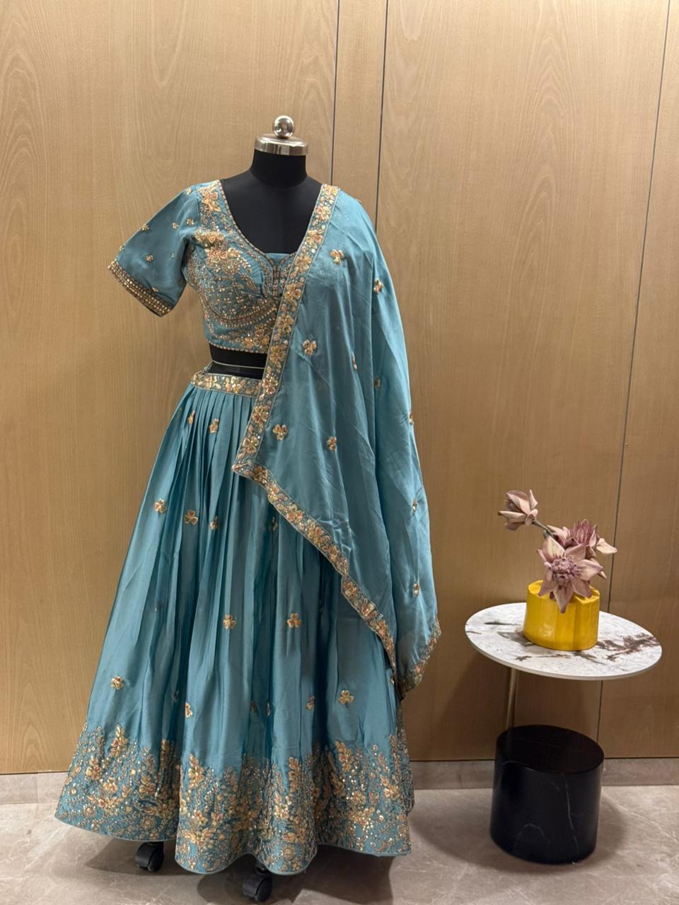 Sky Pure Soft Rangoli Silk Sabyasachi Style Heavy Beads Work Lehenga Choli 