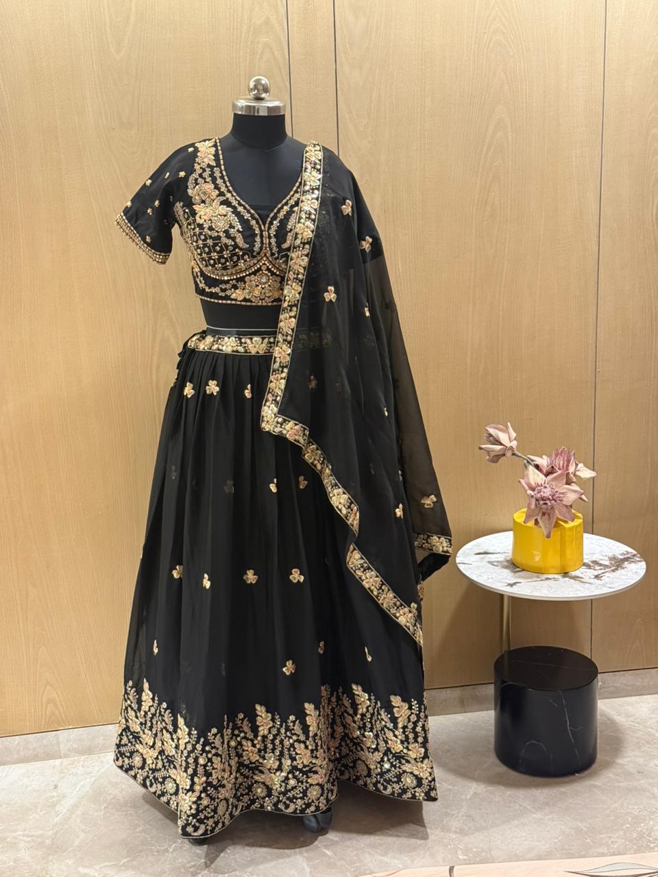 Black Pure Soft Rangoli Silk Sabyasachi Style Heavy Beads Work Lehenga Choli ##color## Bridal Lehenga with premium fabric and embroidery