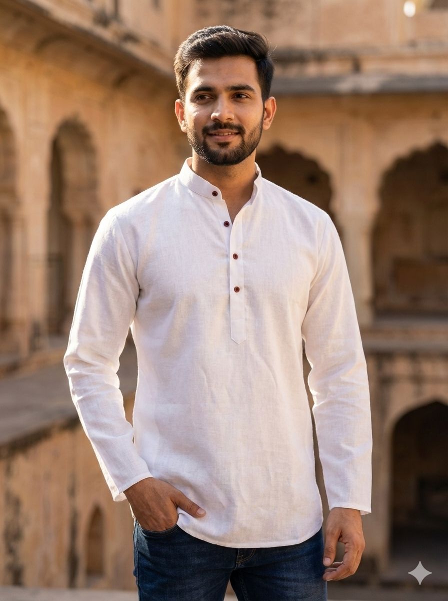 White Pure Soft Linen Casual Wear Men's Short Kurta