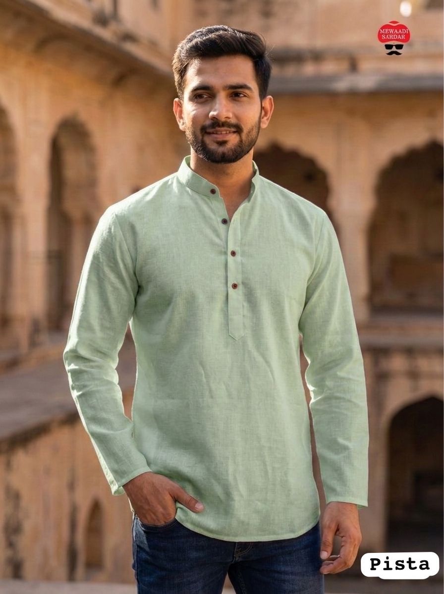 Green Pure Soft Linen Casual Wear Men's Short Kurta