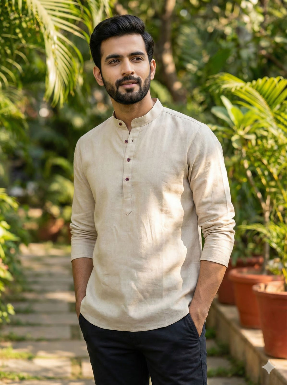 Cream Pure Soft Linen Casual Wear Men&