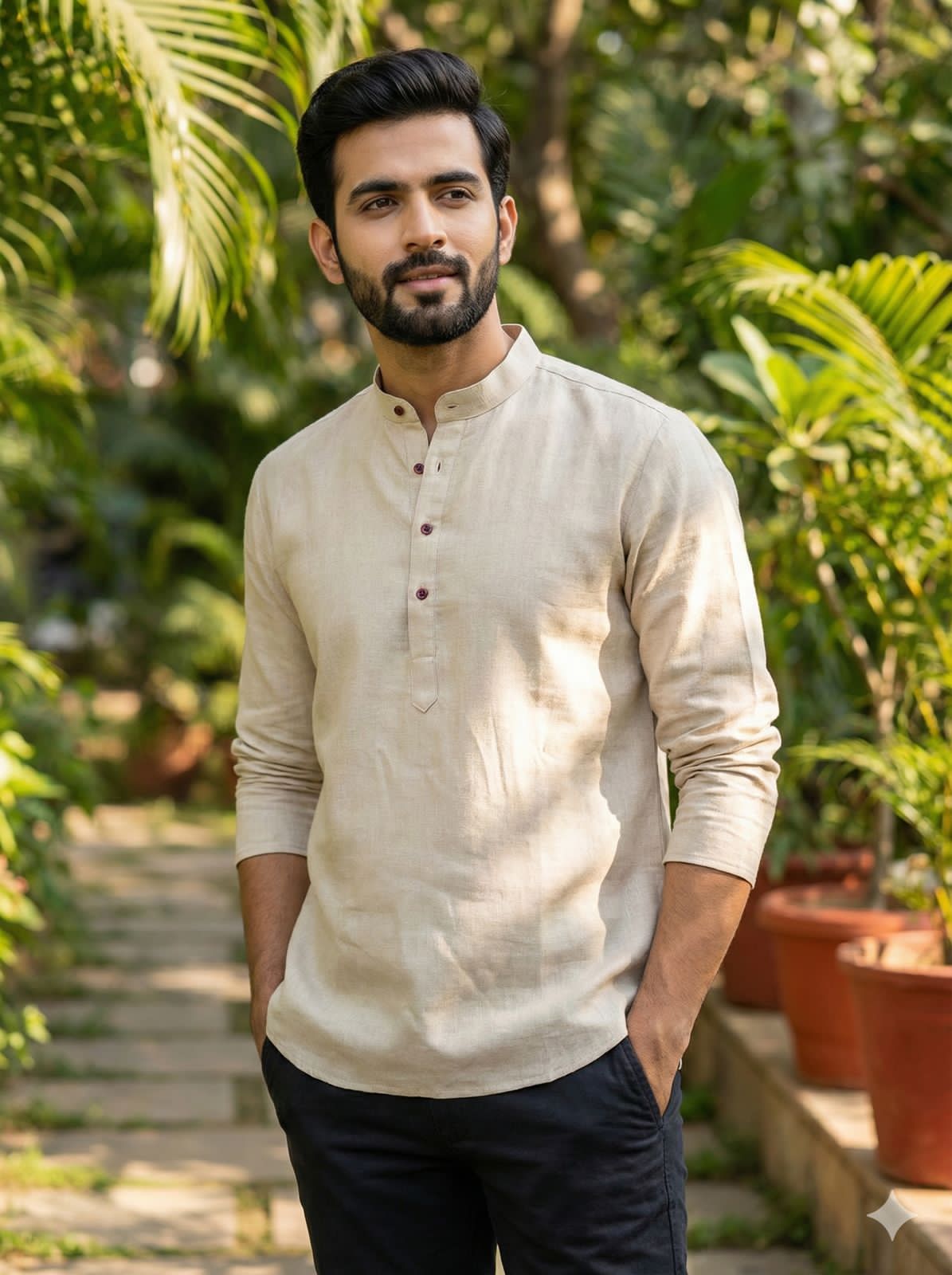 Cream Pure Soft Linen Casual Wear Men's Short Kurta