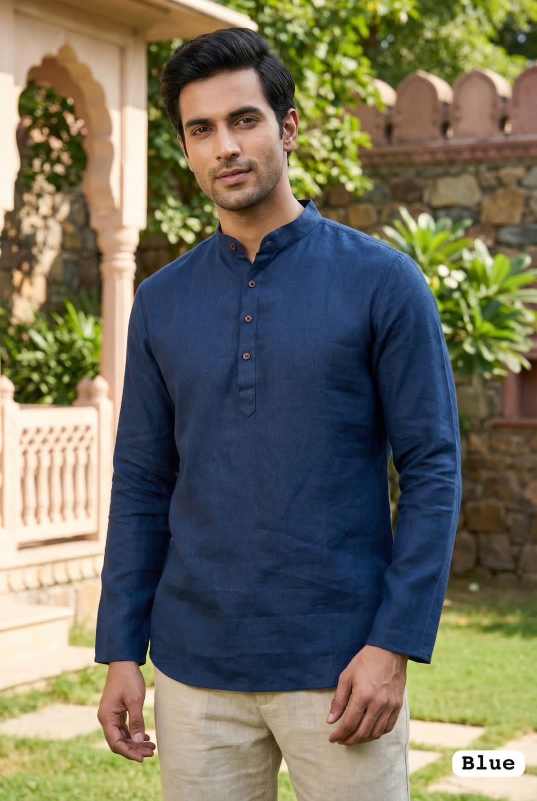 Blue Pure Soft Linen Casual Wear Men's Short Kurta