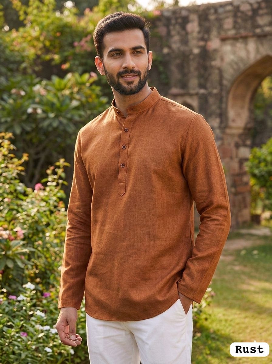 Rust Pure Soft Linen Casual Wear Men's Short Kurta