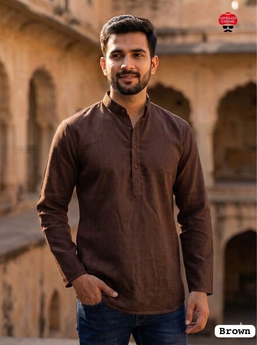 Brown Pure Soft Linen Casual Wear Men's Short Kurta