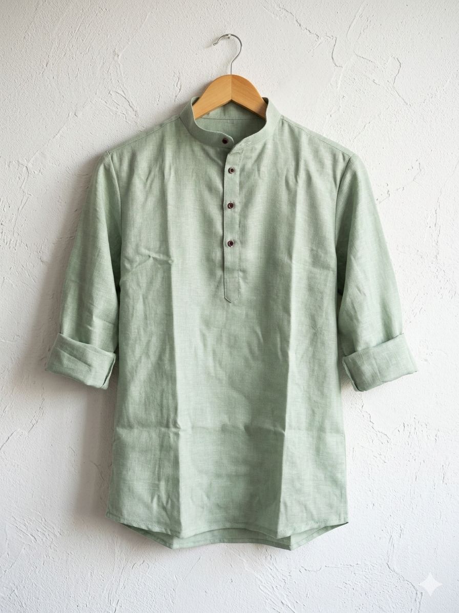 Green Pure Soft Linen Casual Wear Men's Short Kurta