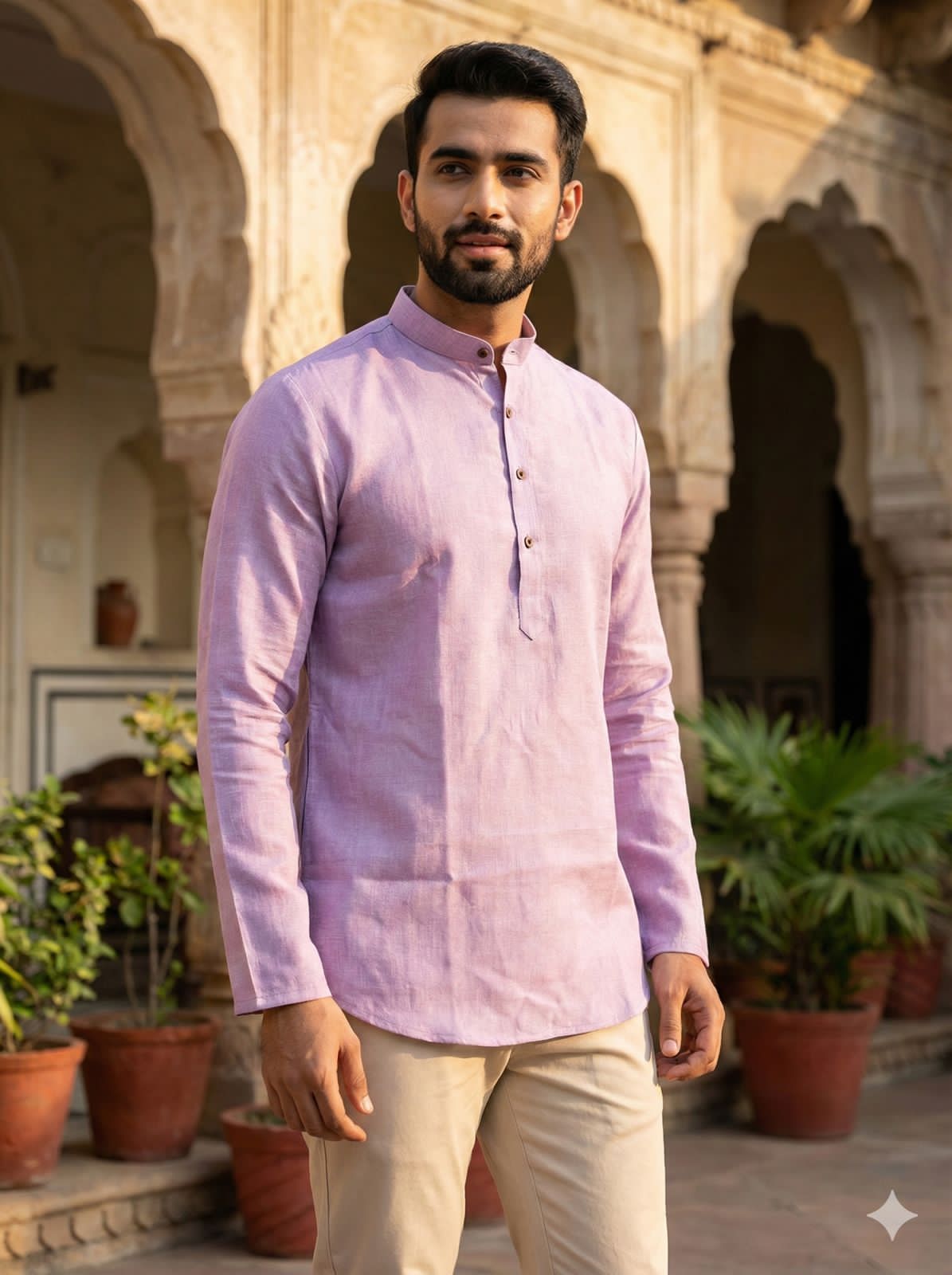Pink Pure Soft Linen Casual Wear Men's Short Kurta