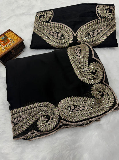 Black Pure Soft Rangoli Silk with c Pallu Zari Thread Saree 