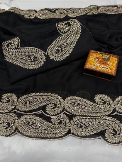 Black Pure Soft Rangoli Silk with c Pallu Zari Thread Saree 