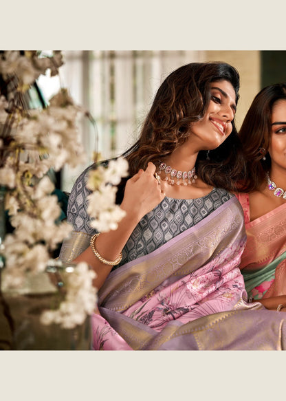 Pink Green Banarasi Digital Printed Soft Silk Saree 