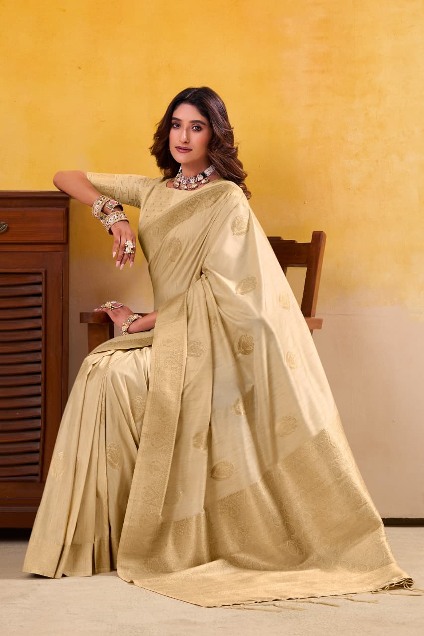 Cream Pure Soft Dhatu Silk Handloom Tussar Silk Saree 