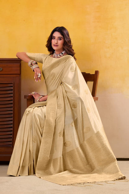 Cream Pure Soft Dhatu Silk Handloom Tussar Silk Saree 