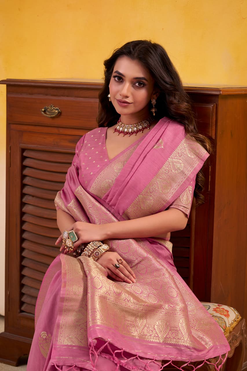 Peach Pure Soft Dhatu Silk Handloom Tussar Silk Saree ##color## Tussar Saree with premium fabric and embroidery