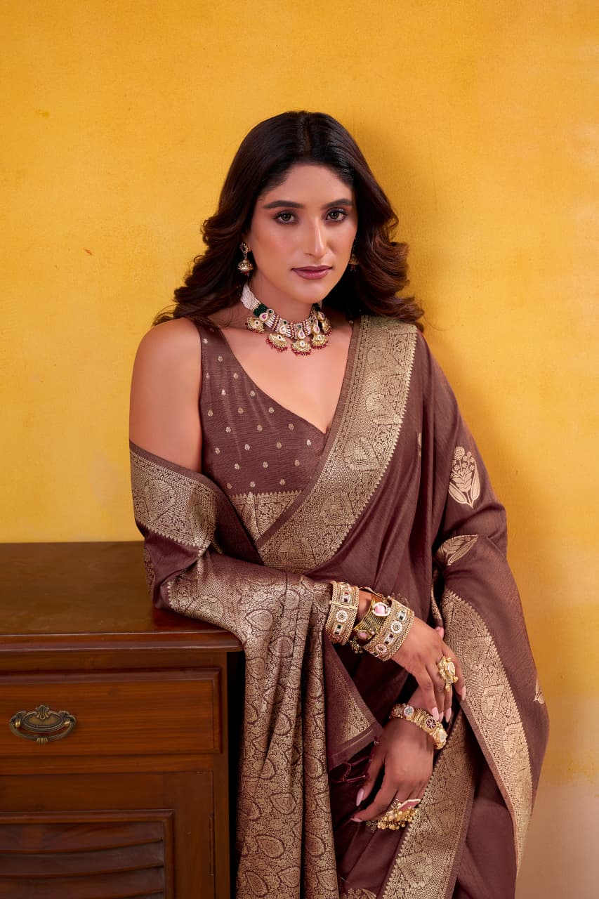 Coffee Brown Pure Soft Dhatu Silk Handloom Tussar Silk Saree ##color## Tussar Saree with premium fabric and embroidery