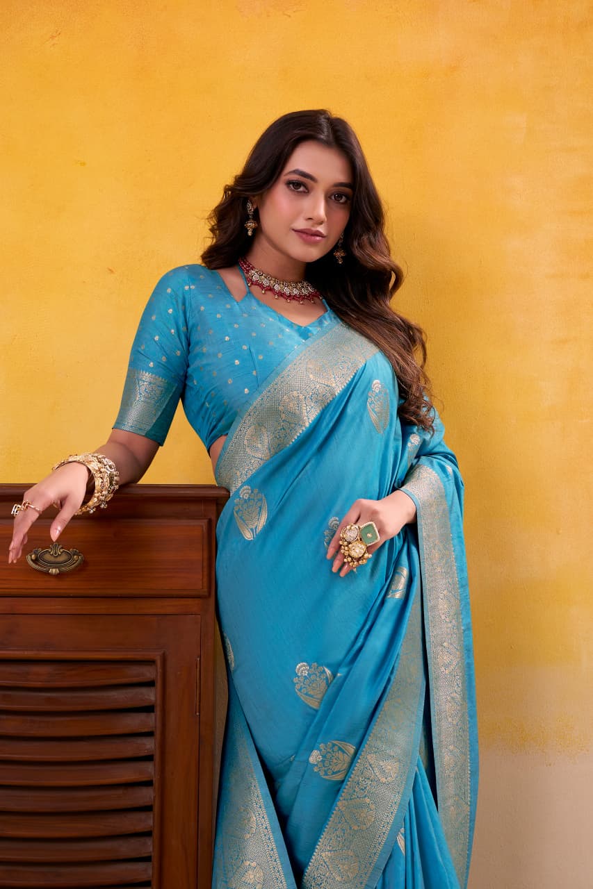 Sky Blue Pure Soft Dhatu Silk Handloom Tussar Silk Saree 