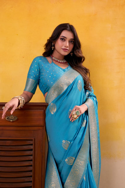 Sky Blue Pure Soft Dhatu Silk Handloom Tussar Silk Saree 