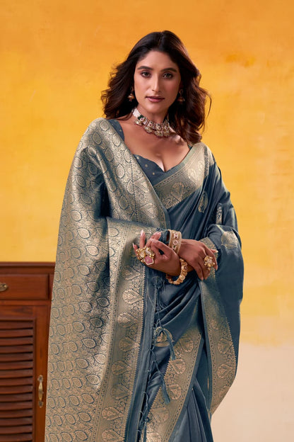 Grey Pure Soft Dhatu Silk Handloom Tussar Silk Saree