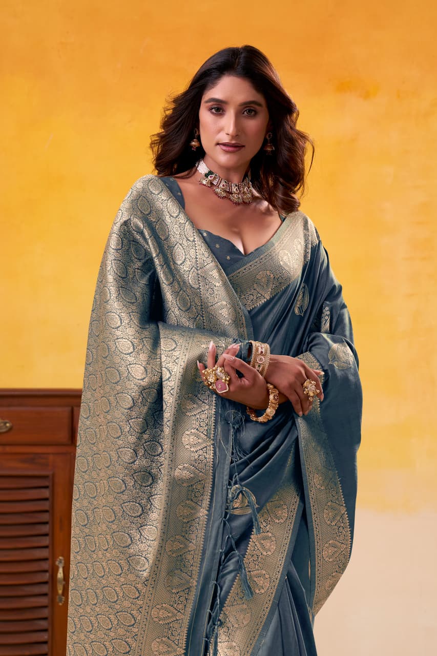 Grey Pure Soft Dhatu Silk Handloom Tussar Silk Saree